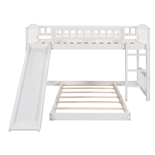 Tidyard Twin Over Twin Bunk Bed with Slide and Ladder, Wood Bed White for Bedroom Dorm Guest Room Home Furniture