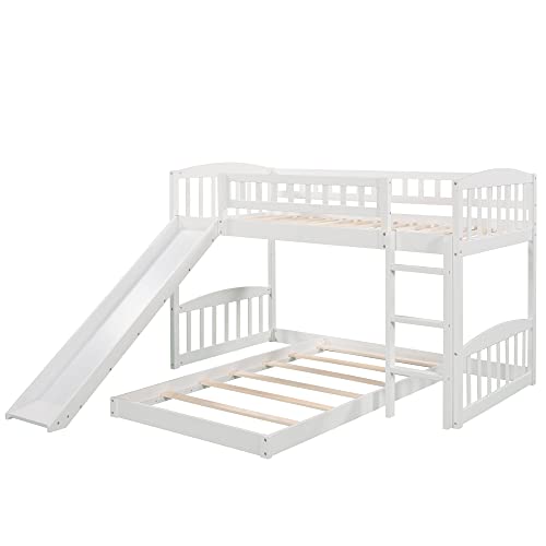 Tidyard Twin Over Twin Bunk Bed with Slide and Ladder, Wood Bed White for Bedroom Dorm Guest Room Home Furniture