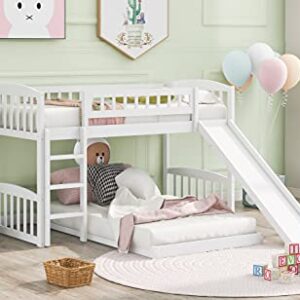 Tidyard Twin Over Twin Bunk Bed with Slide and Ladder, Wood Bed White for Bedroom Dorm Guest Room Home Furniture