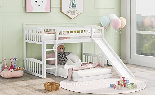 Tidyard Twin Over Twin Bunk Bed with Slide and Ladder, Wood Bed White for Bedroom Dorm Guest Room Home Furniture