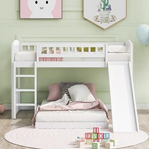 Tidyard Twin Over Twin Bunk Bed with Slide and Ladder, Wood Bed White for Bedroom Dorm Guest Room Home Furniture