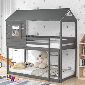 tidyard twin over twin bunk bed wood loft bed with roof, window, guardrail and ladder gray for bedroom dorm guest room home furniture