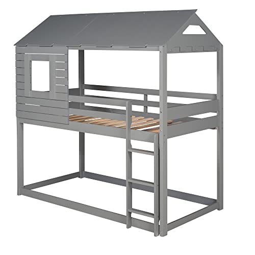 Tidyard Twin Over Twin Bunk Bed Wood Loft Bed with Roof, Window, Guardrail and Ladder Gray for Bedroom Dorm Guest Room Home Furniture