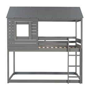 Tidyard Twin Over Twin Bunk Bed Wood Loft Bed with Roof, Window, Guardrail and Ladder Gray for Bedroom Dorm Guest Room Home Furniture