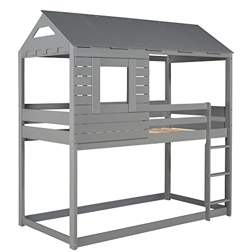 Tidyard Twin Over Twin Bunk Bed Wood Loft Bed with Roof, Window, Guardrail and Ladder Gray for Bedroom Dorm Guest Room Home Furniture