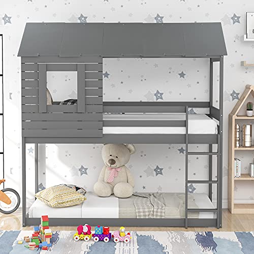 Tidyard Twin Over Twin Bunk Bed Wood Loft Bed with Roof, Window, Guardrail and Ladder Gray for Bedroom Dorm Guest Room Home Furniture