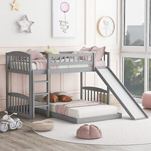 tidyard twin over twin bunk bed with slide and ladder, wood bed gray for bedroom dorm guest room home furniture