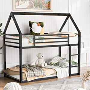 Tidyard Twin Over Twin House Bunk Bed with Built-in Ladder,Black for Bedroom Dorm Guest Room Home Furniture