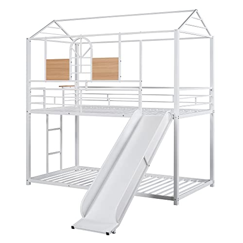 Tidyard Twin Over Twin Metal Bunk Bed,Metal Housebed with Slide,Three Colors Available.(White with White Slide) for Bedroom Dorm Guest Room Home Furniture