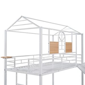 Tidyard Twin Over Twin Metal Bunk Bed,Metal Housebed with Slide,Three Colors Available.(White with White Slide) for Bedroom Dorm Guest Room Home Furniture