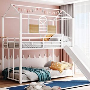 Tidyard Twin Over Twin Metal Bunk Bed,Metal Housebed with Slide,Three Colors Available.(White with White Slide) for Bedroom Dorm Guest Room Home Furniture