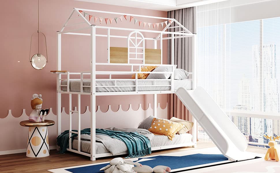 Tidyard Twin Over Twin Metal Bunk Bed,Metal Housebed with Slide,Three Colors Available.(White with White Slide) for Bedroom Dorm Guest Room Home Furniture