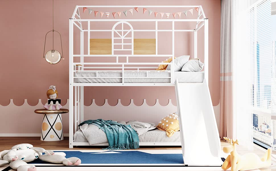 Tidyard Twin Over Twin Metal Bunk Bed,Metal Housebed with Slide,Three Colors Available.(White with White Slide) for Bedroom Dorm Guest Room Home Furniture