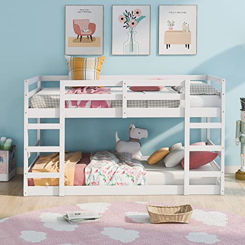 Tidyard Twin Over Twin Bunk Bed with Ladder, Wooden Bed White for Bedroom Dorm Guest Room Home Furniture