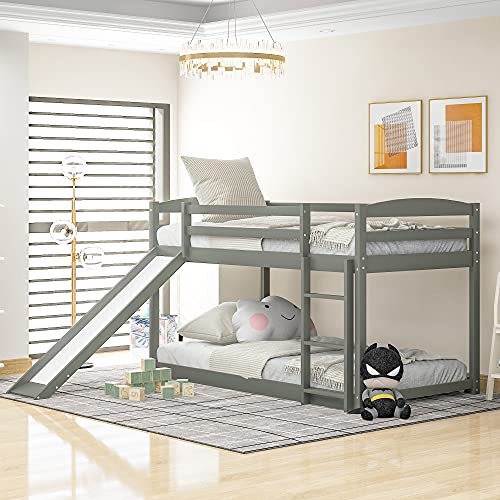 Tidyard Twin Over Twin Bunk Bed with Convertible Slide and Ladder, Gray for Bedroom Dorm Guest Room Home Furniture