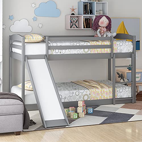 Tidyard Twin Over Twin Bunk Bed with Convertible Slide and Ladder, Gray for Bedroom Dorm Guest Room Home Furniture