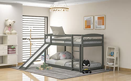 Tidyard Twin Over Twin Bunk Bed with Convertible Slide and Ladder, Gray for Bedroom Dorm Guest Room Home Furniture