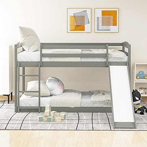 Tidyard Twin Over Twin Bunk Bed with Convertible Slide and Ladder, Gray for Bedroom Dorm Guest Room Home Furniture