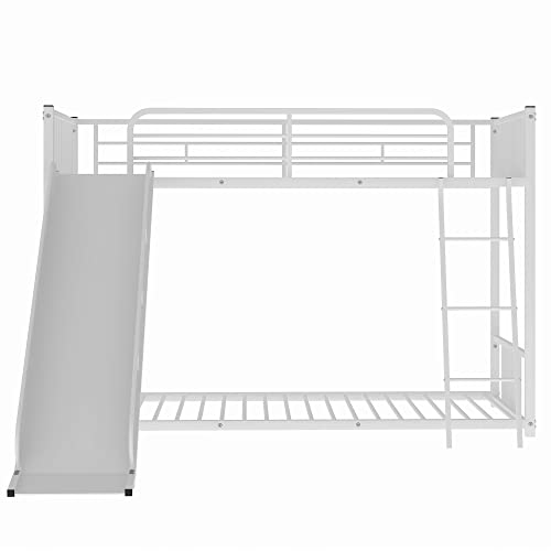 Tidyard Metal Bunk Bed with Slide, Twin Over Twin, White for Bedroom Dorm Guest Room Home Furniture