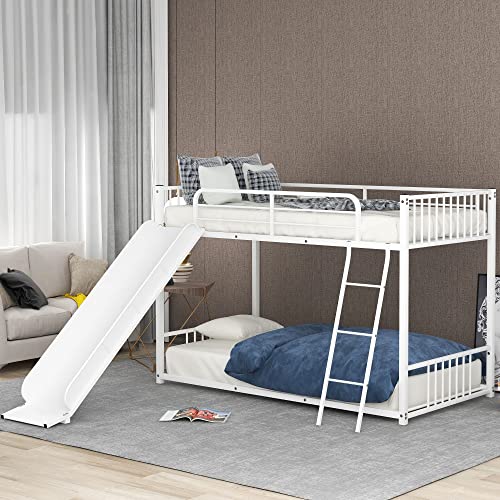 Tidyard Metal Bunk Bed with Slide, Twin Over Twin, White for Bedroom Dorm Guest Room Home Furniture