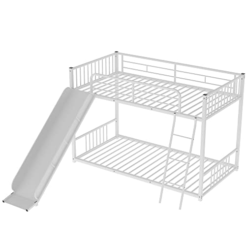 Tidyard Metal Bunk Bed with Slide, Twin Over Twin, White for Bedroom Dorm Guest Room Home Furniture