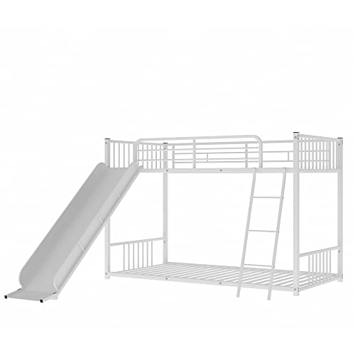 Tidyard Metal Bunk Bed with Slide, Twin Over Twin, White for Bedroom Dorm Guest Room Home Furniture