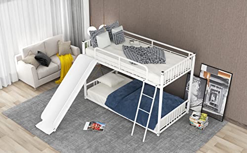 Tidyard Metal Bunk Bed with Slide, Twin Over Twin, White for Bedroom Dorm Guest Room Home Furniture