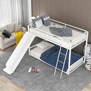 Tidyard Metal Bunk Bed with Slide, Twin Over Twin, White for Bedroom Dorm Guest Room Home Furniture