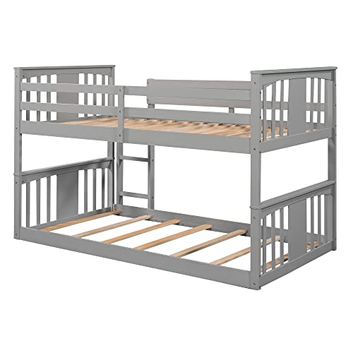Tidyard Twin Over Twin Bunk Bed with Ladder, Gray for Bedroom Dorm Guest Room Home Furniture