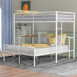 tidyard twin over full metal bunk bed with desk, ladder and quality slats for bedroom, metallic white for bedroom dorm guest room home furniture