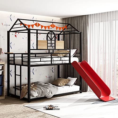 Tidyard Twin Over Twin Metal Bunk Bed,Metal Housebed with Slide,Three Colors Available.(Black with Red Slide) for Bedroom Dorm Guest Room Home Furniture