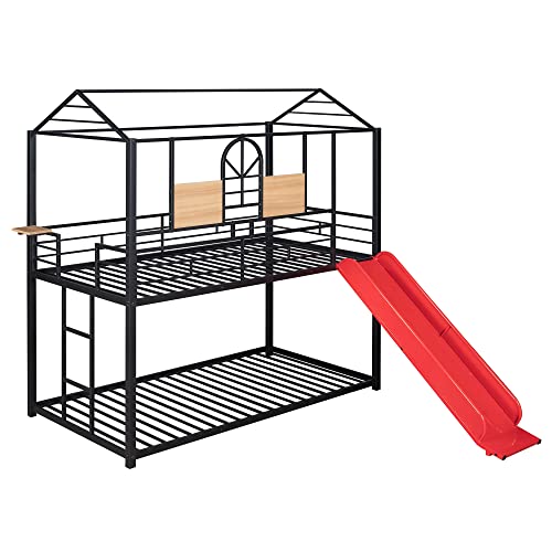 Tidyard Twin Over Twin Metal Bunk Bed,Metal Housebed with Slide,Three Colors Available.(Black with Red Slide) for Bedroom Dorm Guest Room Home Furniture