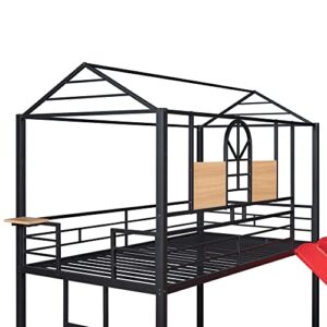 Tidyard Twin Over Twin Metal Bunk Bed,Metal Housebed with Slide,Three Colors Available.(Black with Red Slide) for Bedroom Dorm Guest Room Home Furniture