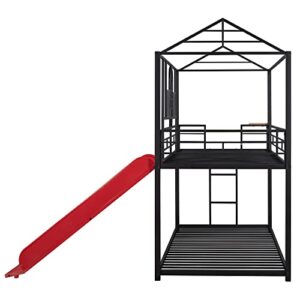 Tidyard Twin Over Twin Metal Bunk Bed,Metal Housebed with Slide,Three Colors Available.(Black with Red Slide) for Bedroom Dorm Guest Room Home Furniture