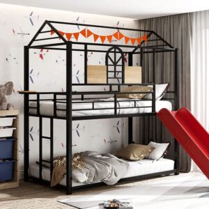 Tidyard Twin Over Twin Metal Bunk Bed,Metal Housebed with Slide,Three Colors Available.(Black with Red Slide) for Bedroom Dorm Guest Room Home Furniture