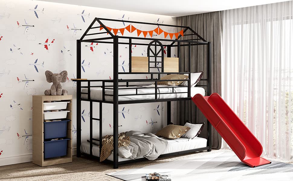 Tidyard Twin Over Twin Metal Bunk Bed,Metal Housebed with Slide,Three Colors Available.(Black with Red Slide) for Bedroom Dorm Guest Room Home Furniture