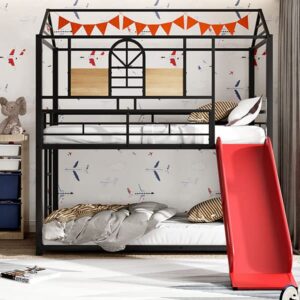 Tidyard Twin Over Twin Metal Bunk Bed,Metal Housebed with Slide,Three Colors Available.(Black with Red Slide) for Bedroom Dorm Guest Room Home Furniture