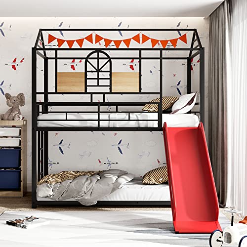 Tidyard Twin Over Twin Metal Bunk Bed,Metal Housebed with Slide,Three Colors Available.(Black with Red Slide) for Bedroom Dorm Guest Room Home Furniture