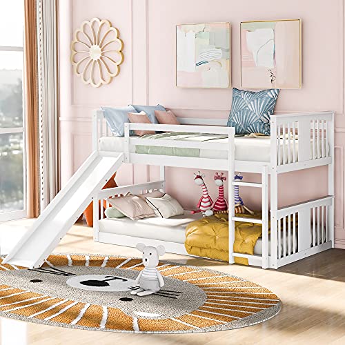 Tidyard Twin Over Twin Bunk Bed with Slide and Ladder, Wood Bed Frame White for Bedroom Dorm Guest Room Home Furniture