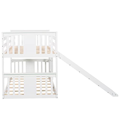 Tidyard Twin Over Twin Bunk Bed with Slide and Ladder, Wood Bed Frame White for Bedroom Dorm Guest Room Home Furniture