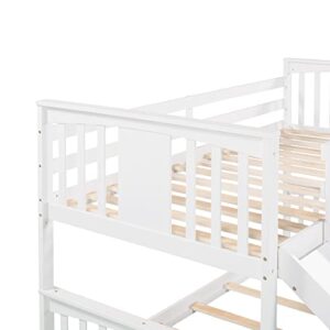 Tidyard Twin Over Twin Bunk Bed with Slide and Ladder, Wood Bed Frame White for Bedroom Dorm Guest Room Home Furniture