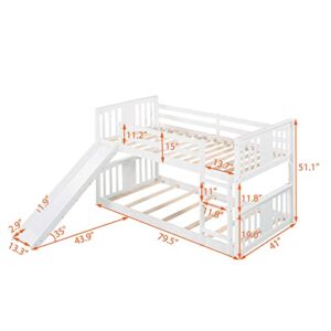 Tidyard Twin Over Twin Bunk Bed with Slide and Ladder, Wood Bed Frame White for Bedroom Dorm Guest Room Home Furniture
