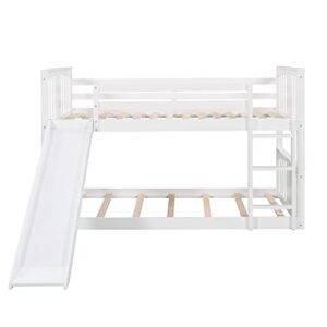 Tidyard Twin Over Twin Bunk Bed with Slide and Ladder, Wood Bed Frame White for Bedroom Dorm Guest Room Home Furniture