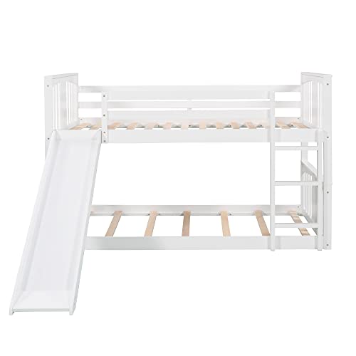 Tidyard Twin Over Twin Bunk Bed with Slide and Ladder, Wood Bed Frame White for Bedroom Dorm Guest Room Home Furniture