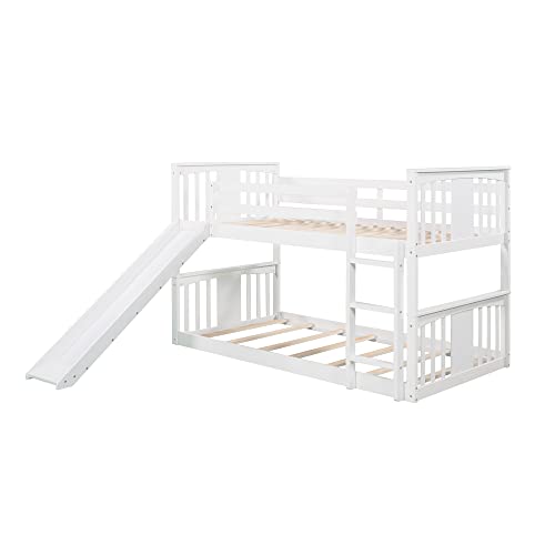 Tidyard Twin Over Twin Bunk Bed with Slide and Ladder, Wood Bed Frame White for Bedroom Dorm Guest Room Home Furniture