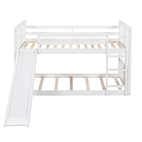 Tidyard Twin Over Twin Bunk Bed with Slide and Ladder, Wood Bed Frame White for Bedroom Dorm Guest Room Home Furniture