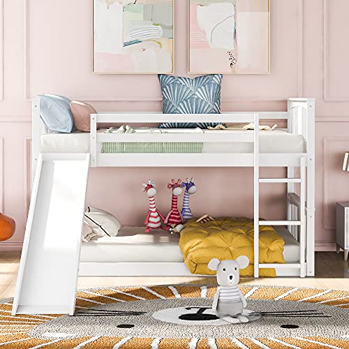 Tidyard Twin Over Twin Bunk Bed with Slide and Ladder, Wood Bed Frame White for Bedroom Dorm Guest Room Home Furniture