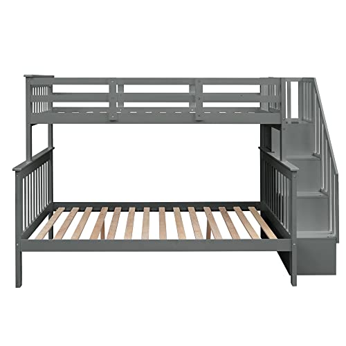 TARTOP Stairway Twin Over Full Bunk Bed with Storage Staircase and Full-Length Guardrails, Solid Wood Bunkbeds BedFrame for Kids Teens Adults Bedroom,Gray