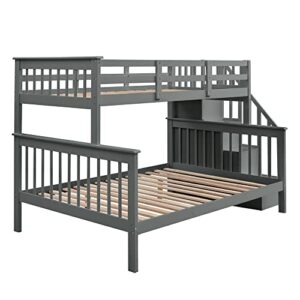 TARTOP Stairway Twin Over Full Bunk Bed with Storage Staircase and Full-Length Guardrails, Solid Wood Bunkbeds BedFrame for Kids Teens Adults Bedroom,Gray