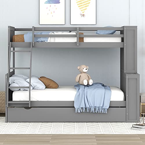 BIADNBZ Twin Over Full Bunk Bed with Trundle and Multiple Shelves, Separated into Three Separate Platform BedFrame, for Kids Teens Adults Bedroom, Gray